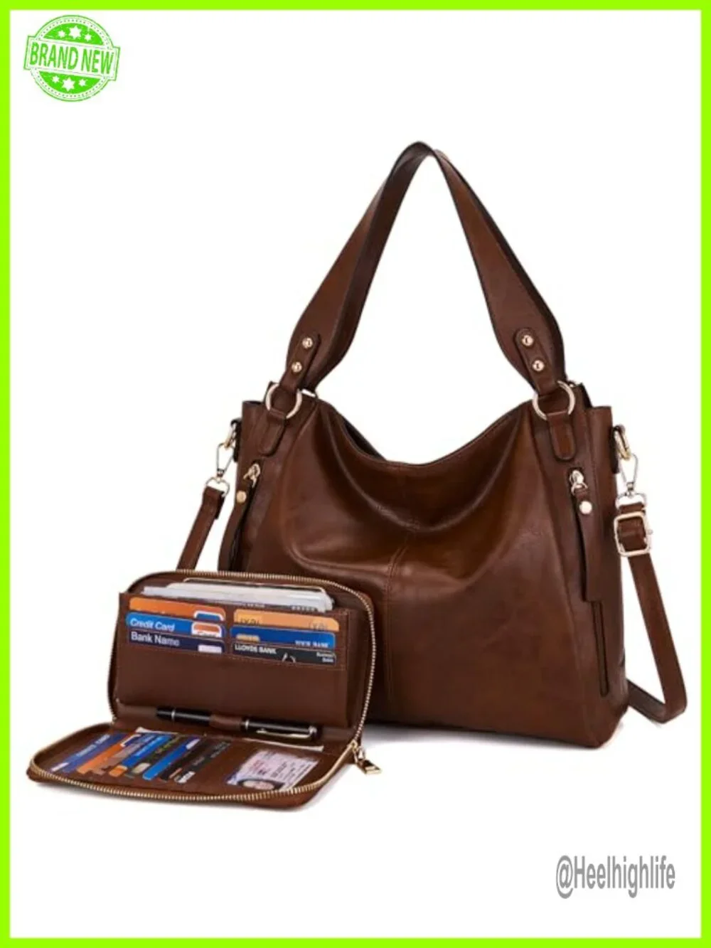 Faux Leather Hobo Handbag and Wallet Set 2pcs Large Capacity Tote Shoulder Bag